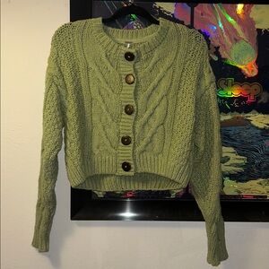 Free People Olive Knit Cardigan with Wooden Buttons